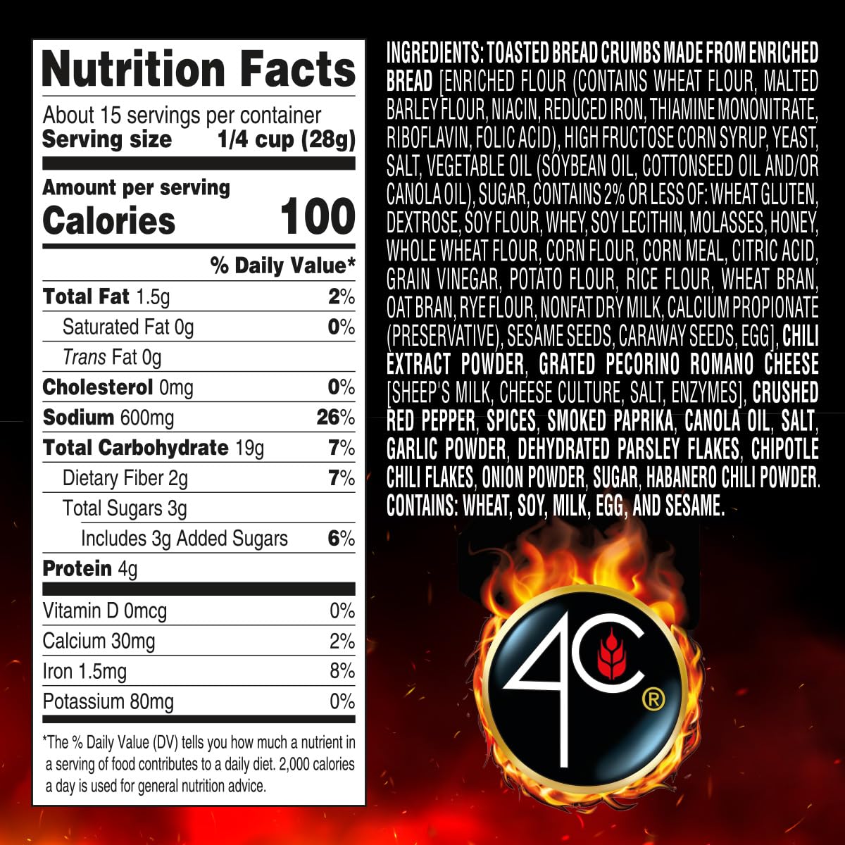 4C Premium Spicy Bread Crumbs, Spicy Plain 1 Pack, Flavorful Crispy Crunchy, Value Pack (15 Ounce)