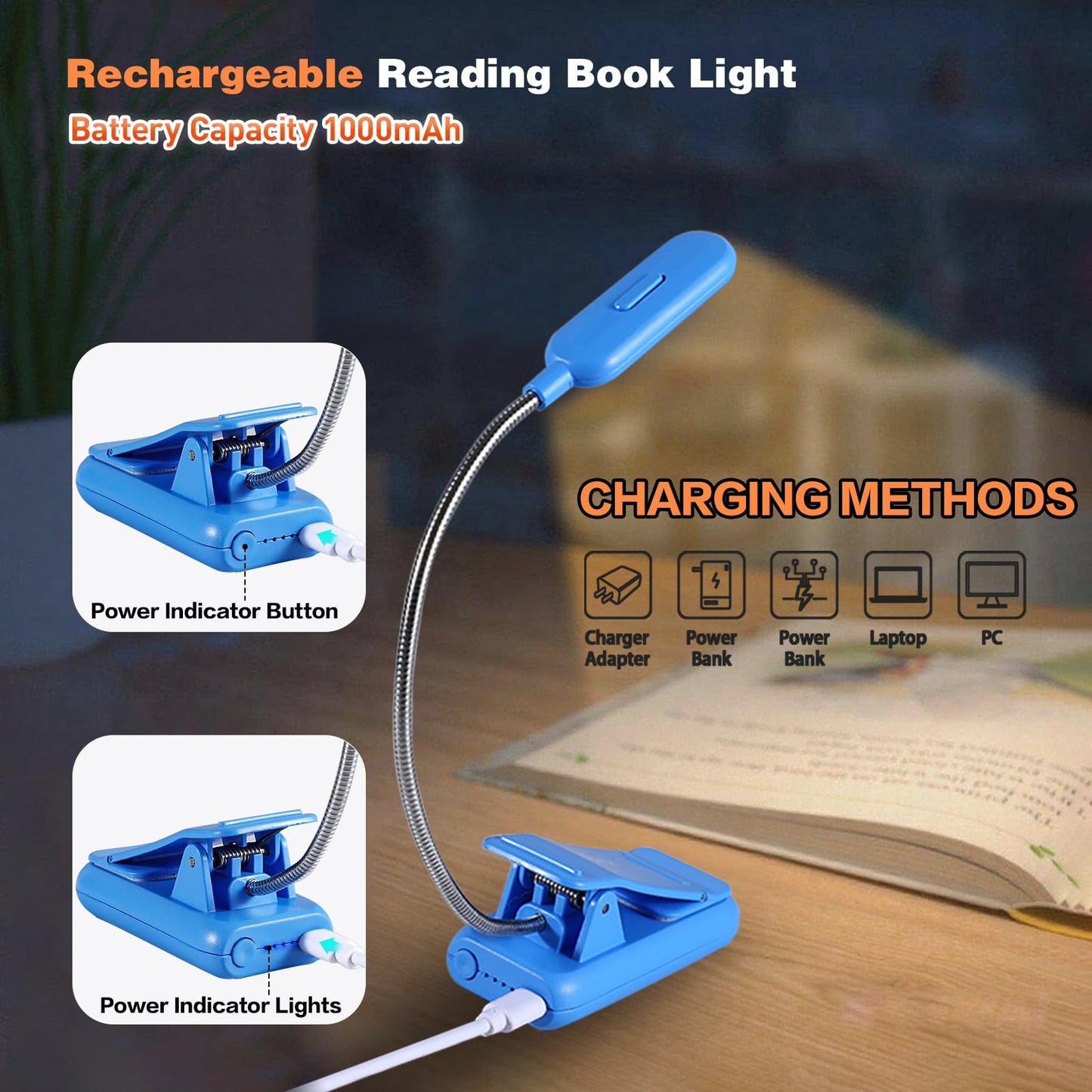 VAVOFO Rechargeable Book Light, 7 LED, 9-Level Warm Cool White, Eye Care, Model KM-6720, Blue Lotus