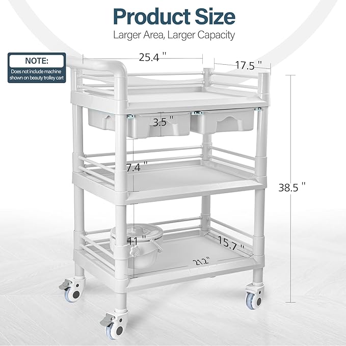 Beauty Salon Trolley Cart, Esthetician Cart with Wheels & Bucket and 2 Big Drawer, 3 Tier Heavy Duty SPA, Load 330lbs, 360° Rotate Silent Wheels for Beauty Salon SPA Hospital Office Lab