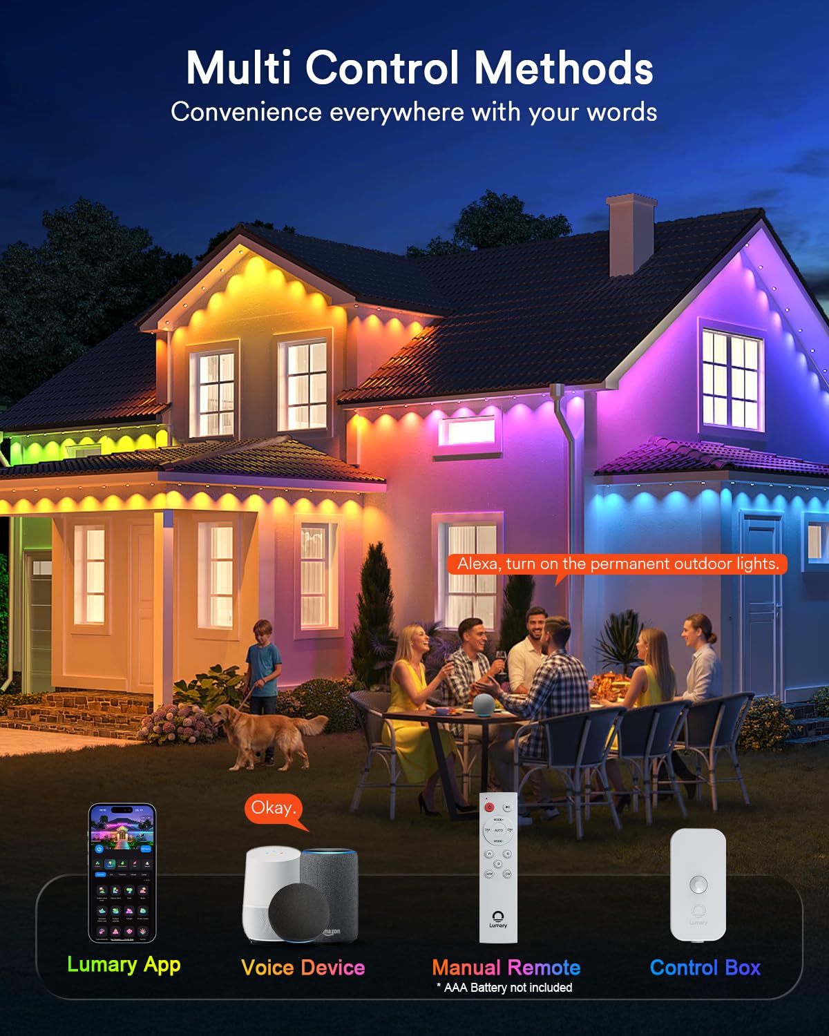 Lumary Permanent Outdoor Lights 2 With Remote  200Ft With 120 Rgbaicw Leds 7200Lm For Daily & Accent Lighting  110+ Scene Modes For Christmas Decor  Ip67 Waterproof  Work With Alexa  Google  White