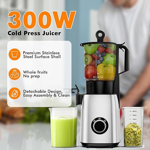 Cold Press Juicer,With 5.4" Extra Large Feed Chute Fit Whole Fruits & Vegetables,High Juice Yield,Easily Detachable Parts Design,Easy Assemble & Cleaning