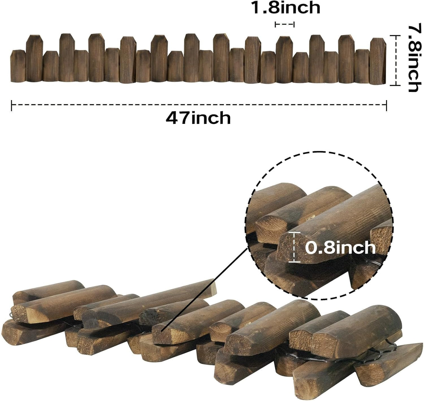 Wood Garden Edging for Landscaping – Staggered Half-Round Wooden Fence Border, Rustic Flower Bed Edging, Natural Pine, 7.9” x 4ft, Outdoor Garden Decor (6 Pack)