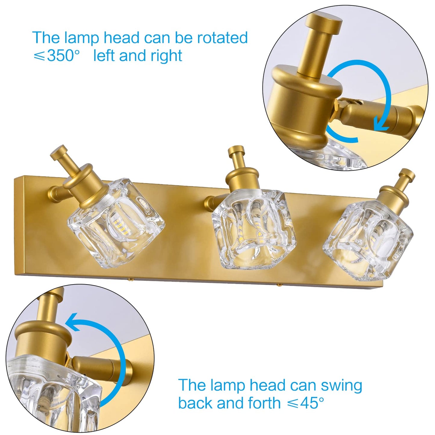 Presde 3-Light Bathroom Vanity Lights, Modern Crystal Gold Fixtures, Gloss Gold Finish, Excludes Bulbs
