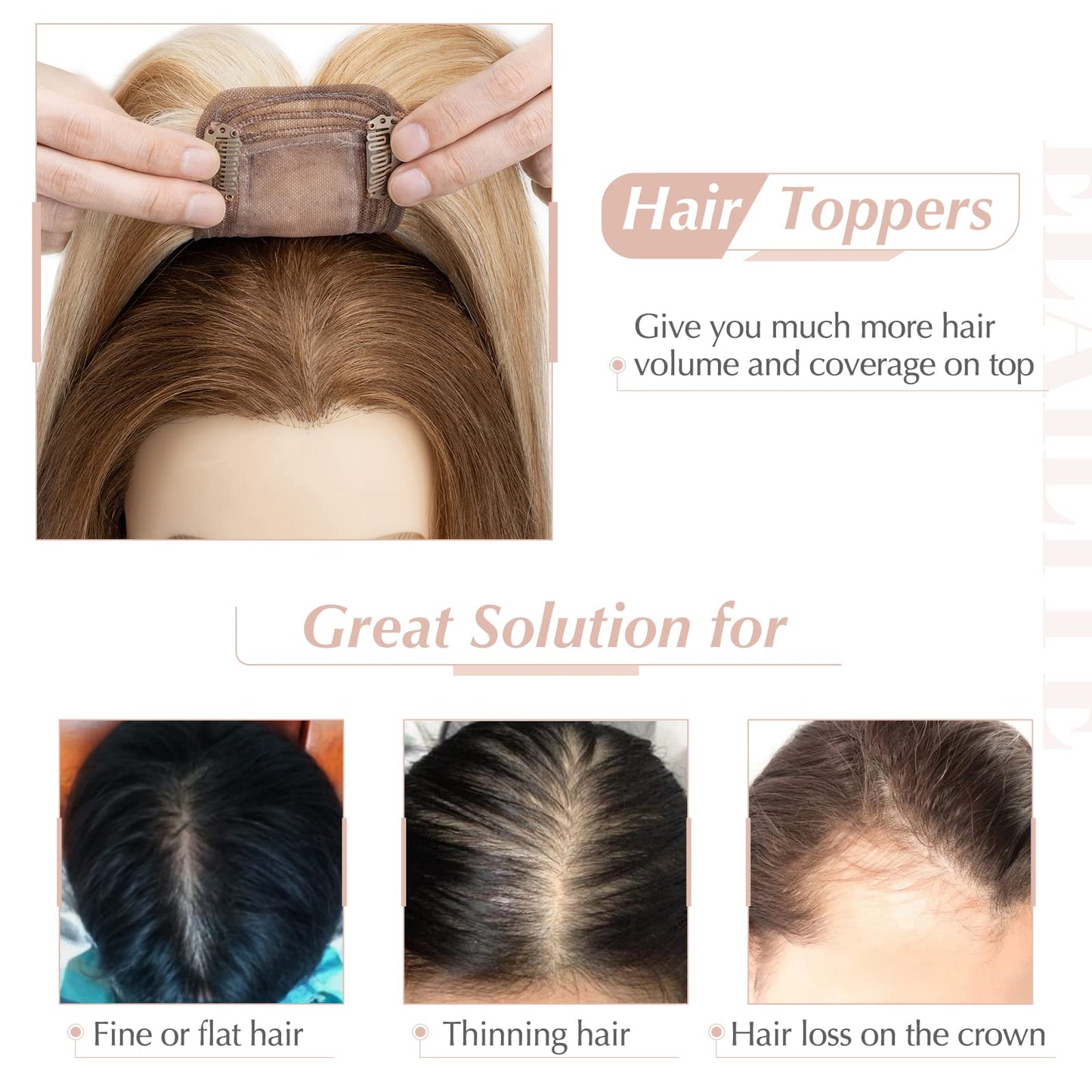 Elailite Hair Toppers for Women Real Human Hair Topper with Bangs Thinning Thin 5.1 x2.8  Silk Base Clip in Remy Hairpieces 16 I