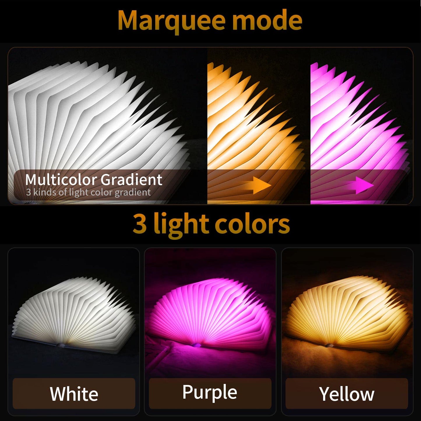 Qxmgcbok Folding Book Lamp - Rechargeable Color Changing Lizard Embossed Mood Light, Large Size, White/Warm Yellow/Purple