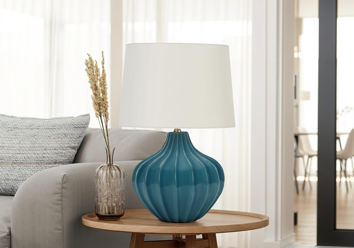 Monarch Specialties 9612 Table Lamp, Blue Ceramic, Ivory Shade, 24.25in H x 16in L x 16in W