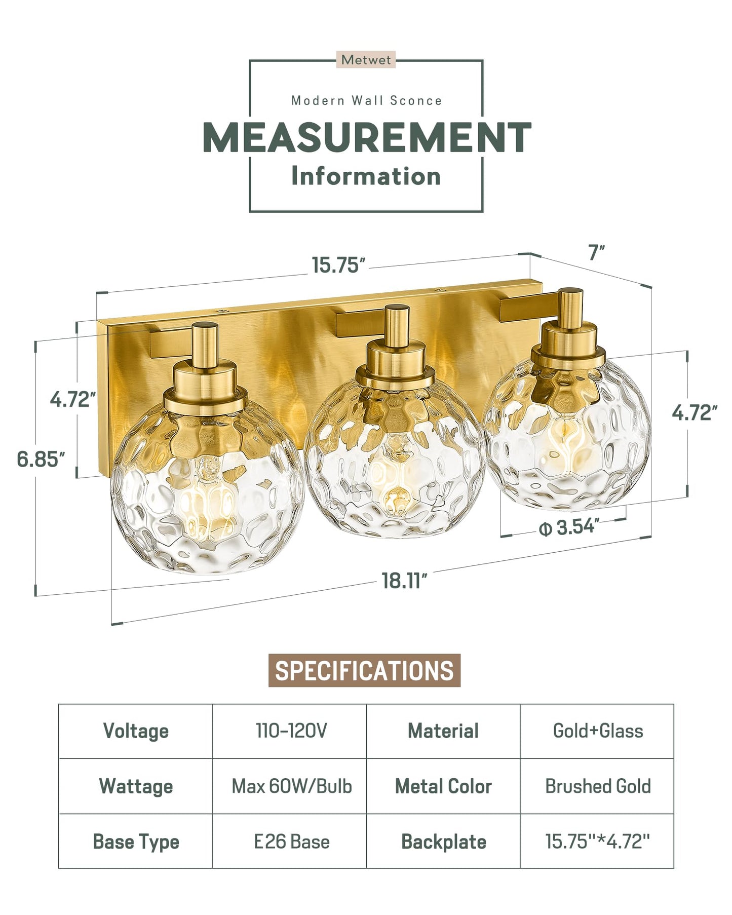 Metwet Bathroom Light Fixtures Over Mirror  3-Light Brushed Gold Vanity Light With Clear Hammered Glass Globe Shade  Modern Sconces Wall Lighting Bedroom Hallway  Vl200-Bg-3
