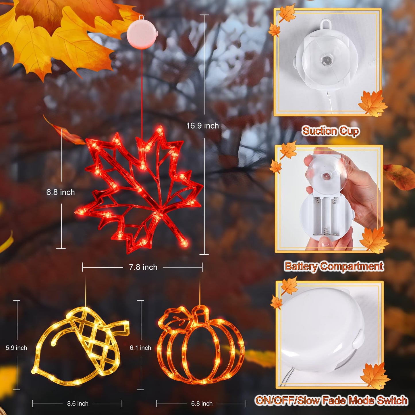 Lolstar Fall Decor Window Lights 2025 Thanksgiving Decorations Acorn Maple Leaves Pumpkin Led Lights With Suction Cups Battery Operated(unique design) Slow Fade Mode Timer Autumn Decorations For Home