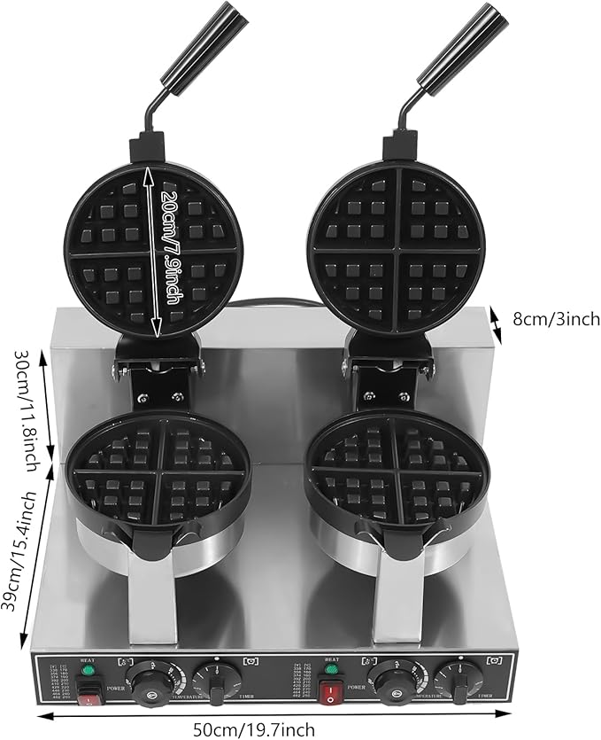 Waffle Maker Double Heads Waffle Iron Machine 2400W 110V Wafer Making Machine Stainless Steel Chaffle Maker with 180° Rotatable Handle Temperature and Time Control