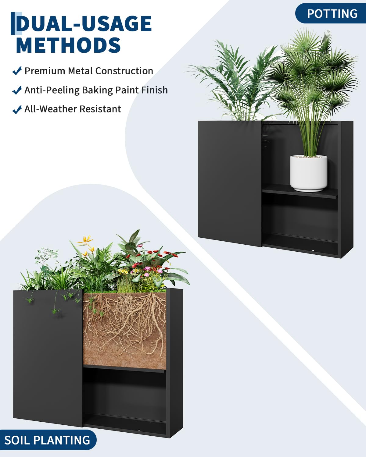 Metal Rectangular Planter Box, 38x10x30 Inch Thickened Anti-Rust Carbon Steel Outdoor Garden Bed with Drainage Holes & Middle Baffle, Tall Flower Pot for Backyard & Lawn, Heavy-Duty, 2 Pack, Black