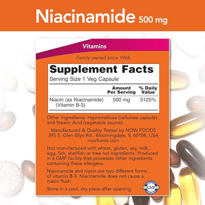 NOW FOODS Niacinamide 500mg Vitamin B-3 Capsules, 100 Count (3 Pack)
