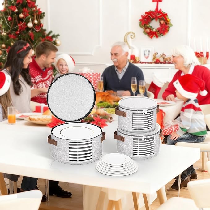 4 Piece Stemware Storage Containers, China Storage Containers with Clear Windows, Hard Shell Dish Storage with Handles for Dishes, Dinnerware, Plates, Light Gray