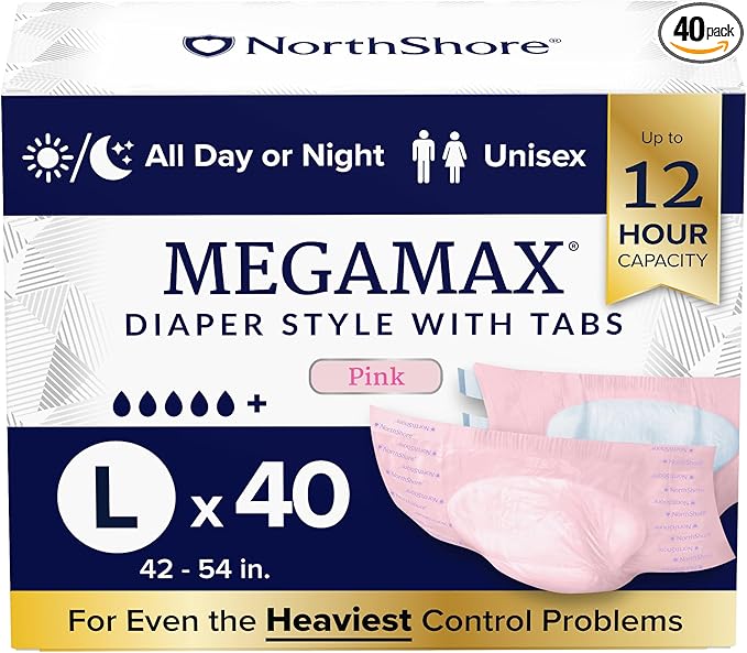 NorthShore MegaMax Adult Overnight Diapers, 12-Hour Tab-Style, Large, 40 Count Case, Pink, 42-54 inches, Unisex Incontinence Underwear