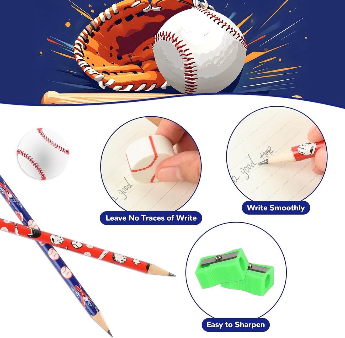 48 Pcs Baseball Pencils and Erasers for Birthday Gifts Baseball Favors Assortment Stationery Pencils for Students Office School Supplies Classroom Rewards.