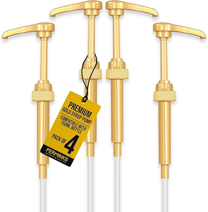 PERMINKS Premium Syrup Pump Compatible with Torani 750 ml Bottle, Davinci Syrups - No Spill, No Clog Syrup Pump Dispenser for Vanilla, Snow Cone, Blueberry, Coffee Flavoring & More (Pack of 4, Gold)
