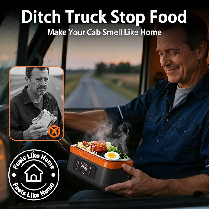 Electric Heated Lunch Box: Cordless 6.3-Cup Portable Food Warmer with 75W Fast Heating & Type-C, Leak Proof Stainless Steel Container for Truck Drivers, Office & Construction Workers, Black