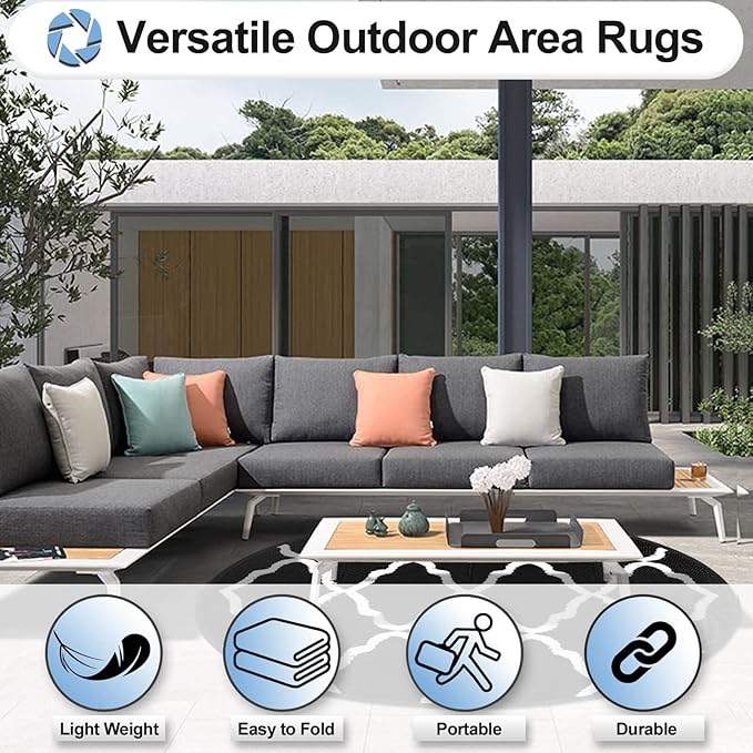 OutdoorLines Indoor Outdoor Rugs for Patio 8 Feet - Reversible Outside Carpet, Stain & UV Resistant Portable RV Mats, Plastic Straw Rug for Camping, Pool Deck, Porch Moroccan/Black & White