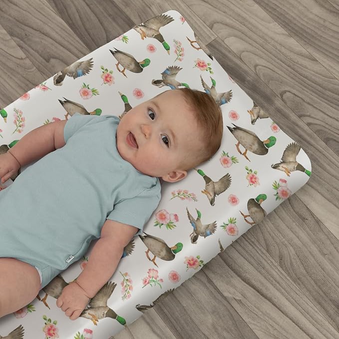 Mallard Ducks Boho Floral Changing Pad Covers for Baby Girl Boy Green Duck Spring Fitted Change Table Cover Mats Wild Duck Hunting Soft Diaper Changing Table Sheets 32''×16''
