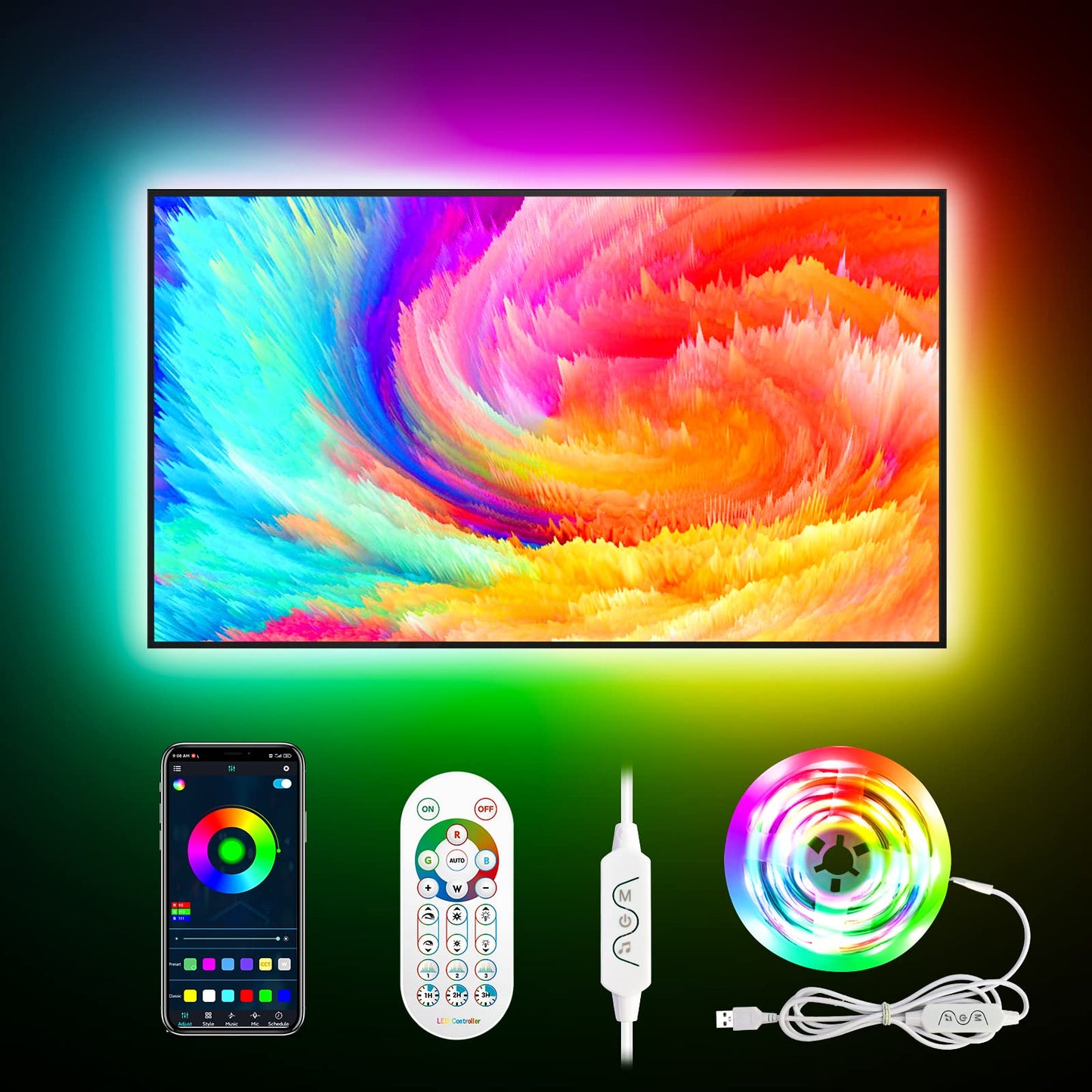 Daymeet RGB LED TV Backlight Strip, 13.1ft, Multicoloured, Music Sync, Bluetooth APP Control, for 45-60 inch TVs
