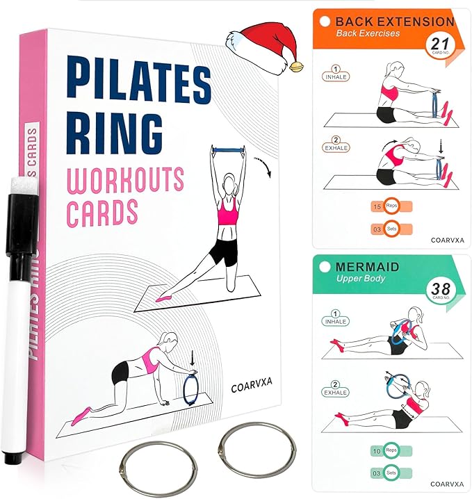 COARVXA Pilates Ring Workouts for Women-58 Exercise Cards with Pilates Mat Workout Postures，ncludes 4-Week Challenge,2 Rin...
