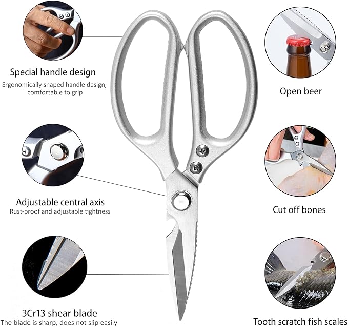 8.5" Kitchen Scissors for Food Chef Scissors Heavy Duty Culinary Scissor Full Metal Professional Sharp Kitchen Shears for Cooking Chicken Meat Pizza, Sliver