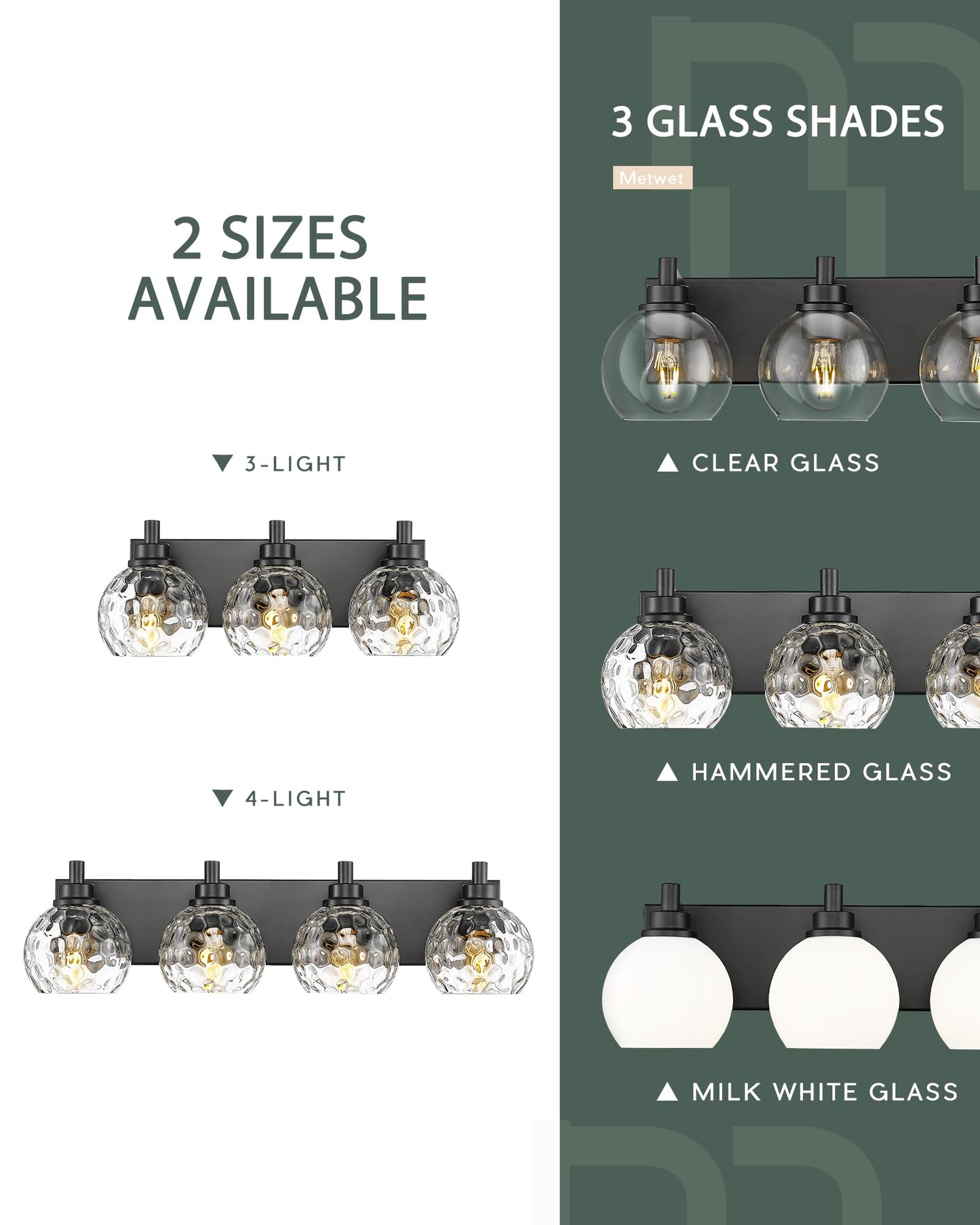 Metwet Bathroom Light Fixtures Over Mirror  3-Light Matte Black Vanity Light With Clear Hammered Glass Globe Shade  Modern Sconces Wall Lighting For Bedroom Hallway  Vl200-Mb-3