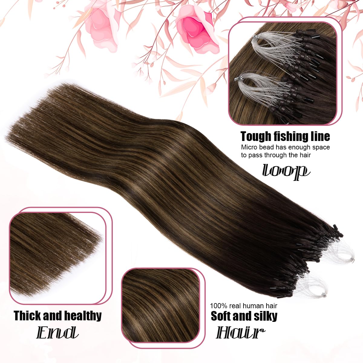 Kpvxxve Micro Loop Hair Extensions Human Hair Micro Link Extensions Darkest Brown Mix Ash Brown 20 Inch Ombre Microbead Extensio