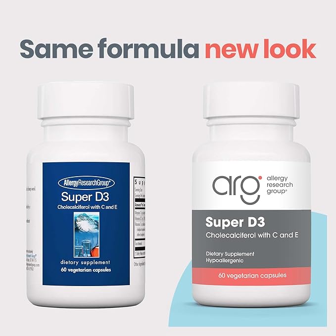 Allergy Research Group Super D3 Dietary Supplement - Bone & Immune Support, Cholecalciferol with C & E, Vegetarian Capsules, Gluten Free - 60 Count