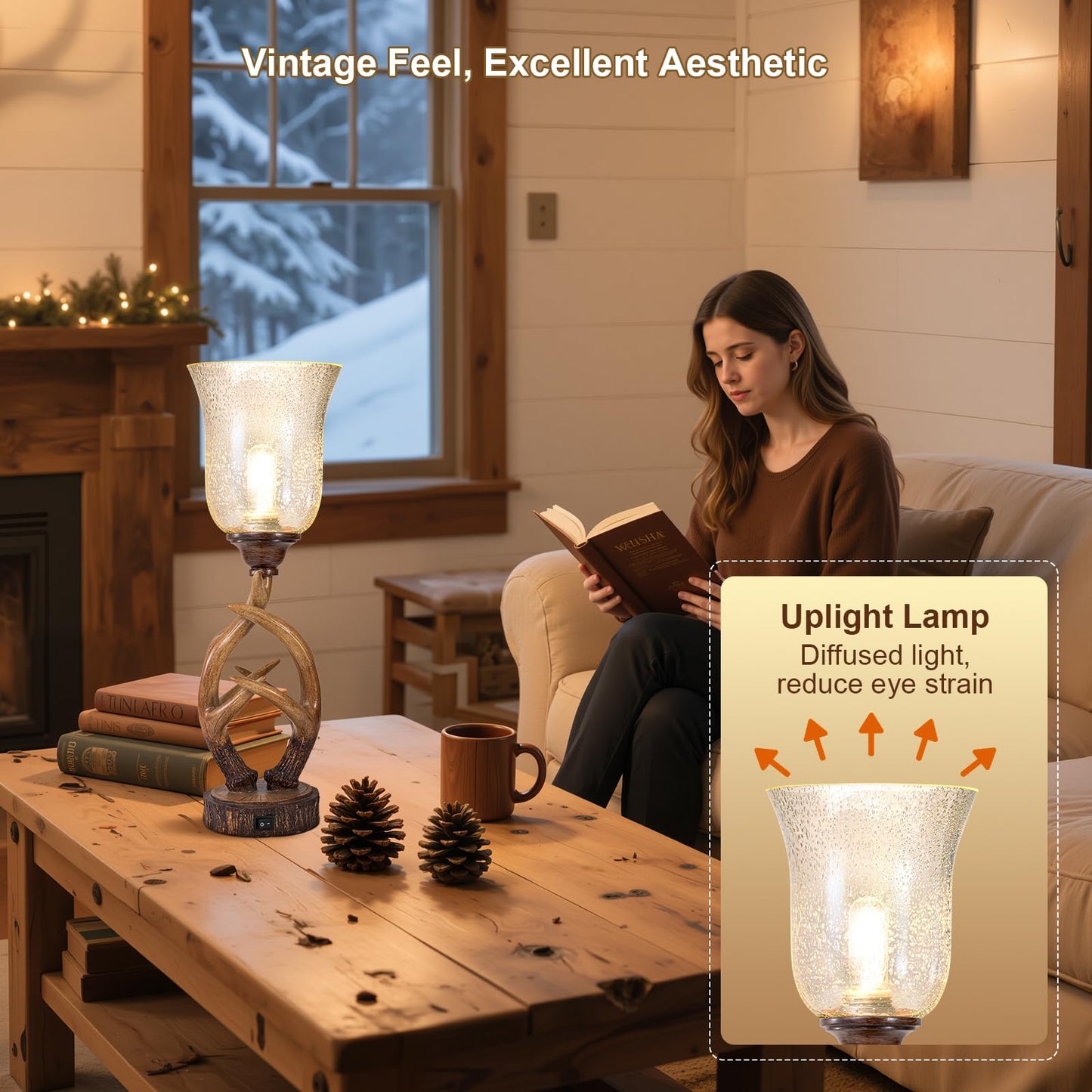 Scenekoy Antler Table Uplight Lamp, Rustic Resin Design, Glass Shade, USB Ports, 20.5·Height, Brown-5, Model SL005-UP