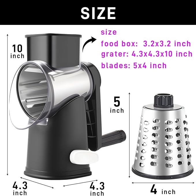 Rotary Cheese Graters with 4 Blades, Hand Crank Cheese Grater with Waffle Slicer, Red, Black and White Cheese Shredder with Suction Base, Easier for Shredding & Grating (Black, 4 Graters)