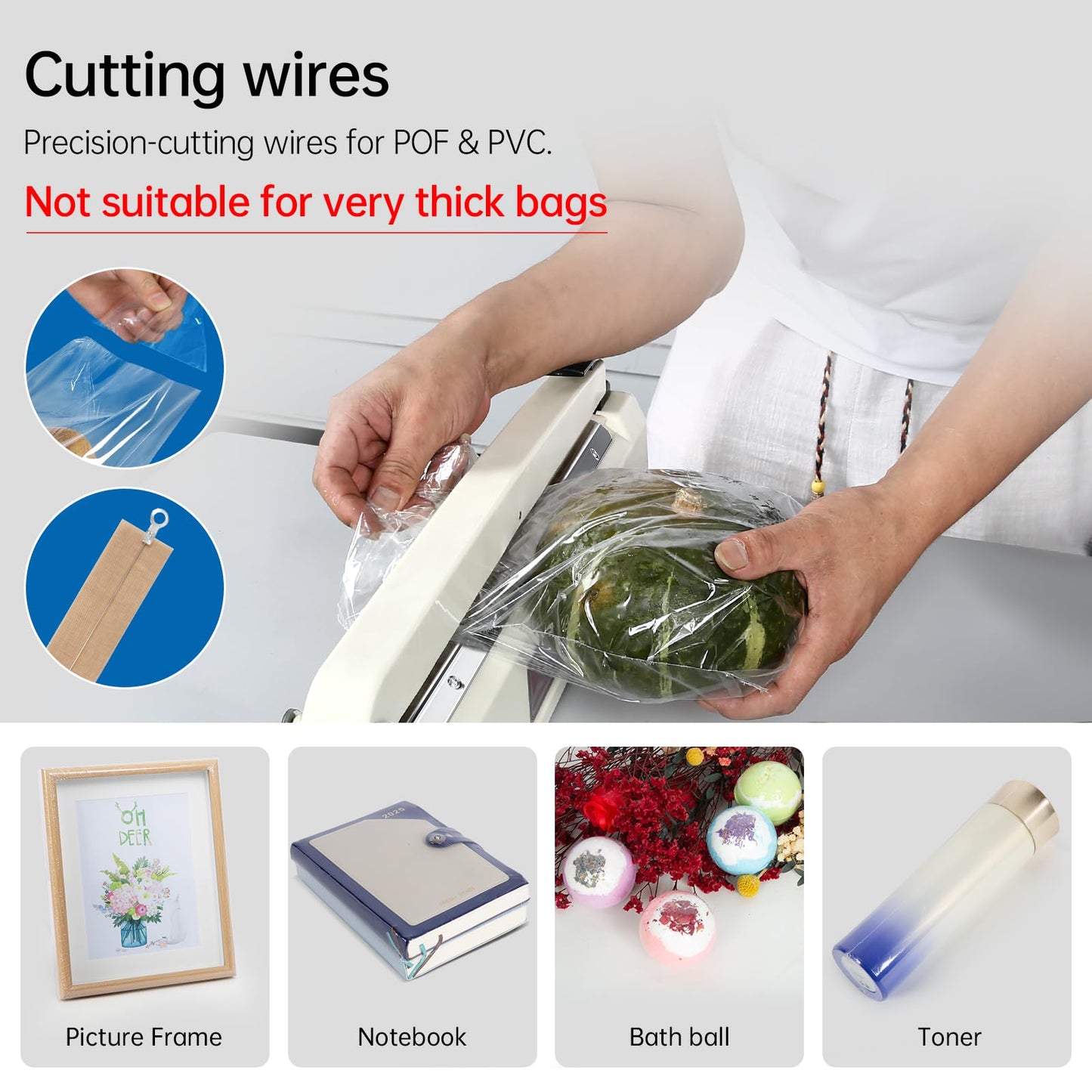 R-PACK Impulse Heat Sealer with Cutter, Heavy-Duty Bag Sealing & Cutting Machine, 2 Extra Replacements (White, 8-Inch)