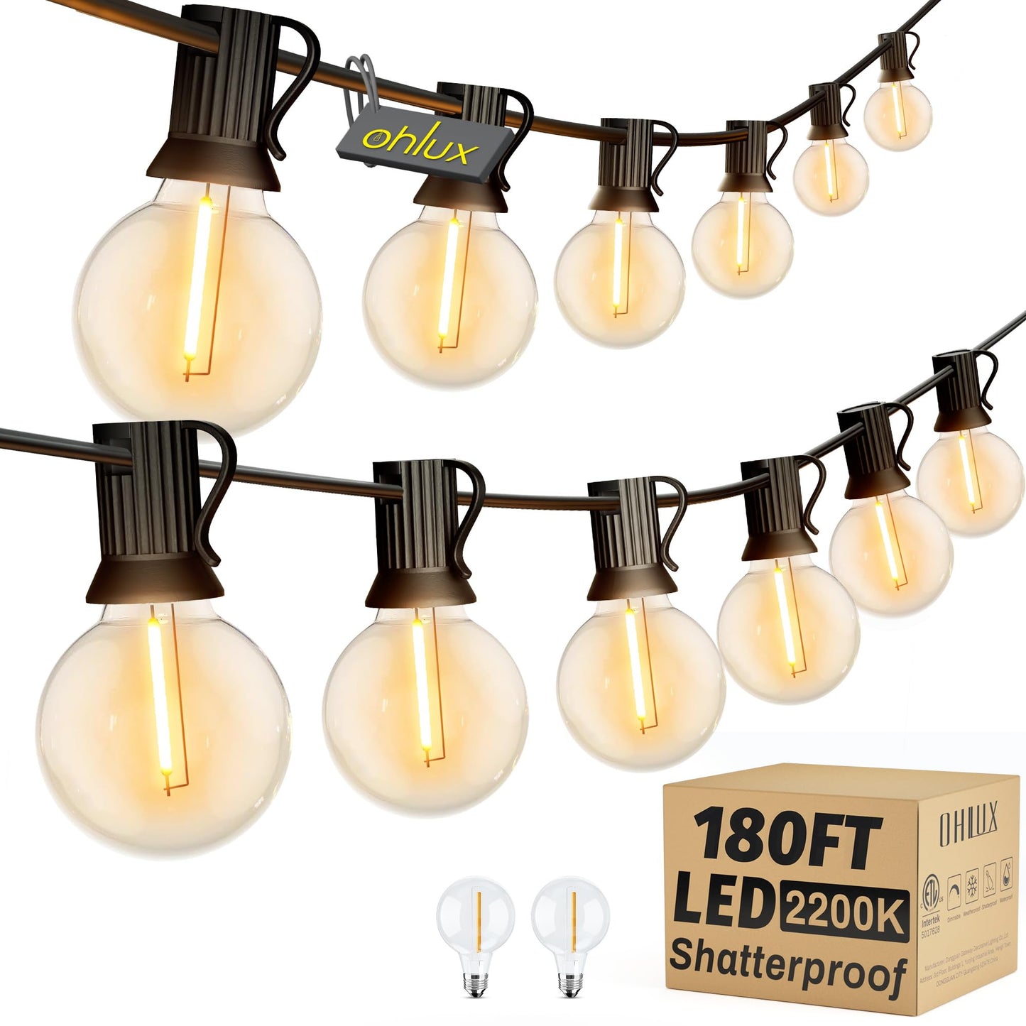 OHLUX Outdoor String Lights, 180FT G40 LED Patio Lights, Warm White, 82 Dimmable Bulbs, Waterproof, Model GLS-20J2P-G40-80