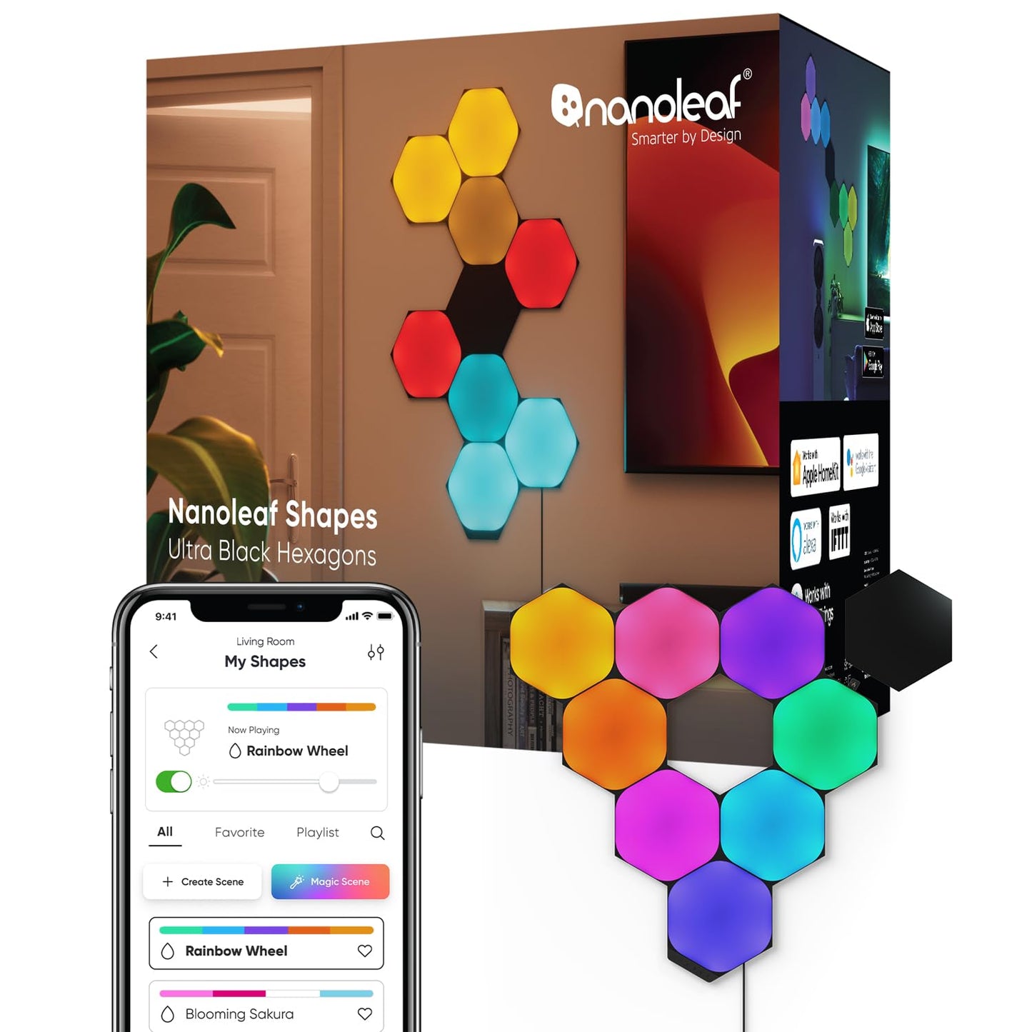 Nanoleaf Shapes Smart RGBW Wall Lights, Dimmable, 16M+ Colors, Black Hexagons, 9 Pack, Model NL42-0103HX-9PK