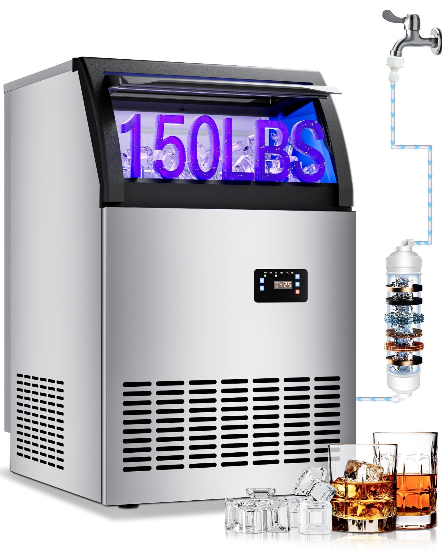 Quyndor Commercial Spray Drench Ice Maker Machine 150 Lbs/Day, Undercounter Ice Makers 100Lbs Storage Bin and 32 Ice Trays, Under Counter ice Maker for Home, Bar, Party