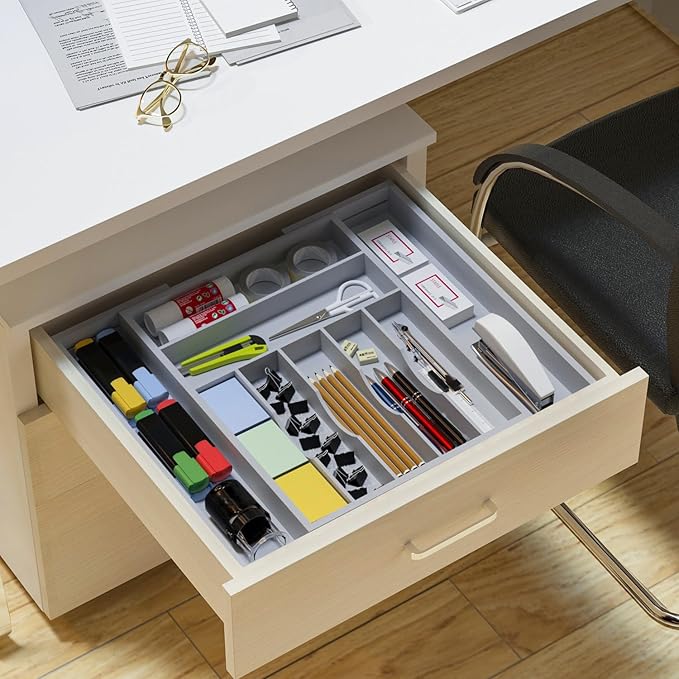 Silverware Organizer Utensil Drawer Organizer - Bamboo Cutlery Organizer Kitchen Drawer Organizer for Silverware, Utensils, Cutlery, Flatware, Knives W13.5-19.9" x L17.6 (Grey)