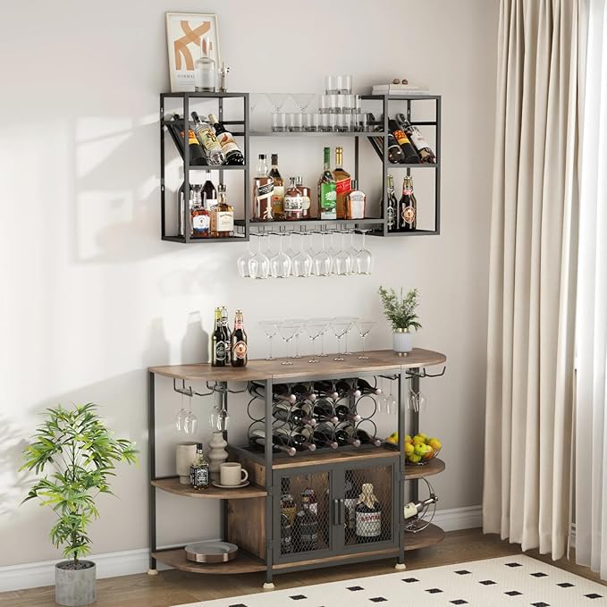Wall Mounted Wine Rack, Multi Functional Bar Shelves for Liquor Bottles with Glass Holder, Modern Metal Bar Shelves Wall Mounted for Home Bar, Kitchen