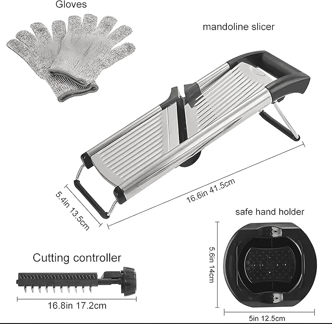 Mandoline Slicer for Kitchen, Adjustable Stainless Steel Vegetable Chopper & Food Slicer for Potato, Onion, Tomato, Cucumber & Fruit, Includes Julienne Blades & Cut-Resistant Gloves