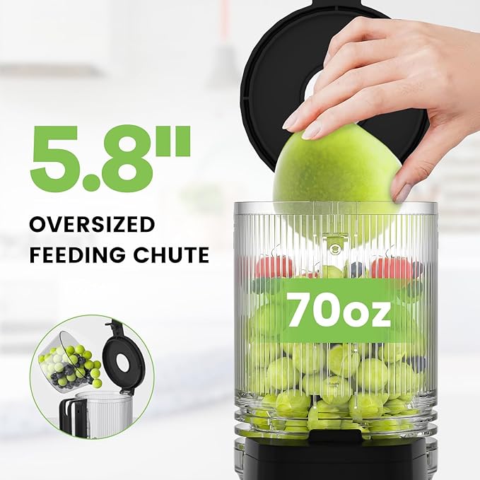 Cold Press Juicer, 5.8" Wide Feed Chute Juice Extractor Machine with 400W, High Juice Yield, Slow Masticating Juicer for Whole Vegetables & Fruits, Gray-Stainless Steel