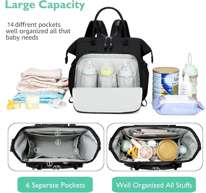 Convertible Diaper Bag Tote, Wide Open Top 14 Pockets Stylish Baby Diaper Bag with Stroller Buckle, Water-resistant (Black, Large)