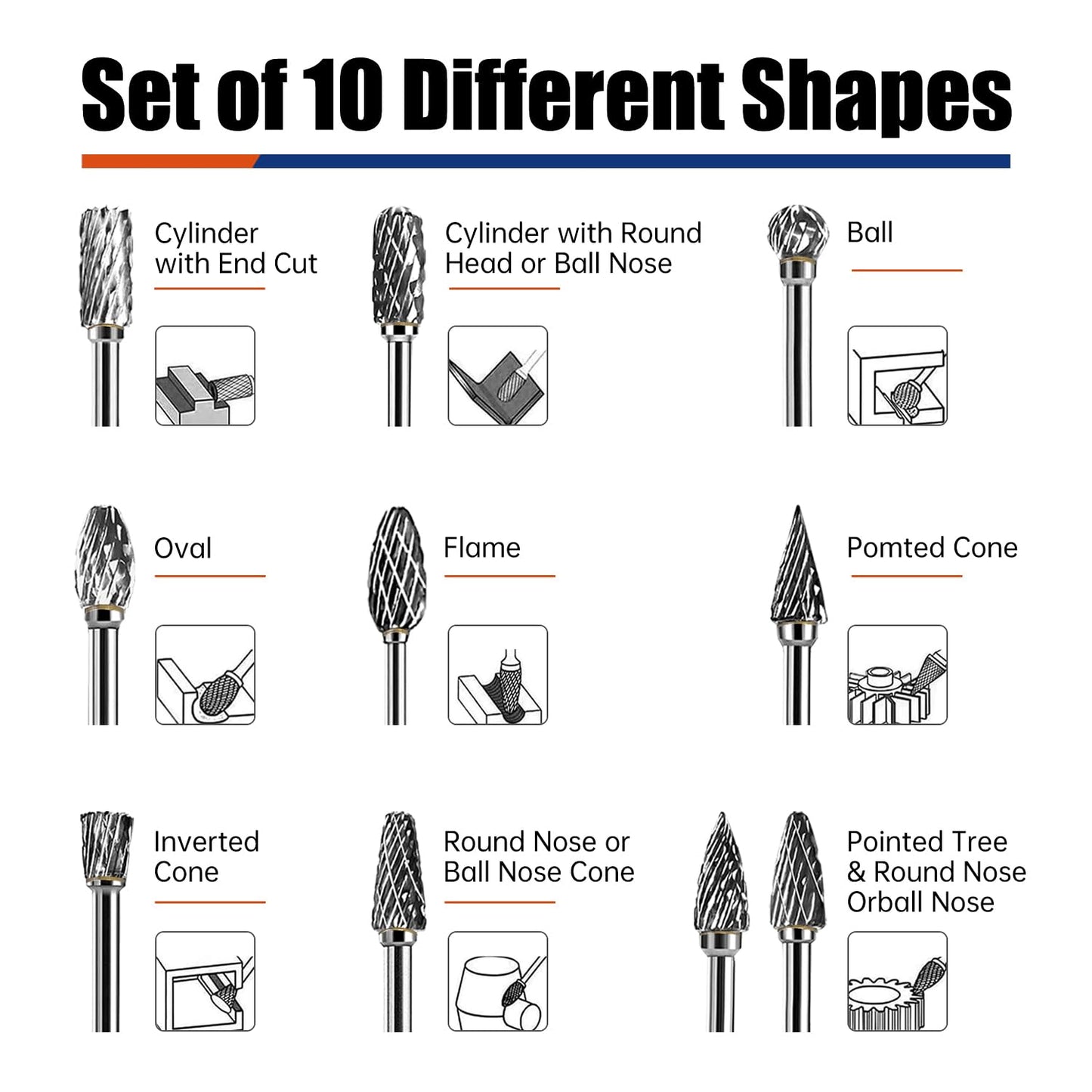 10Pcs Carbide Burr Bits Set Compatible with Dremel 1/8", Rotary Tool Bits with Double-Cut Design, Die Grinder Bits Accessories-for Metal Aluminum Wood-Stone Steel PlasticCarving Cutting Grinding