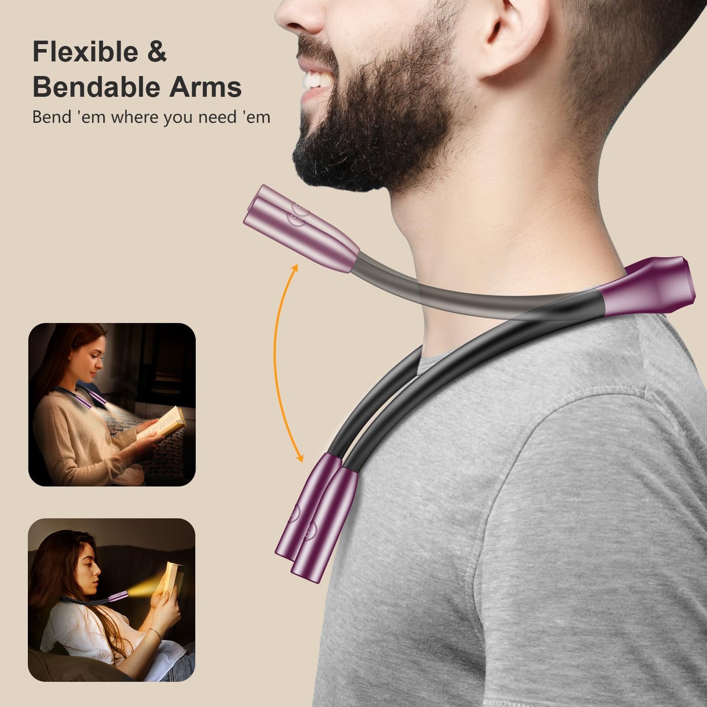 Gritin LED Neck Reading Light,Book Light for Reading in Bed-Eye Caring 3 Colors, Dimmable Brightness, Bendable Arms, 80+Hrs Runtime, Neck Round Design, Lightweight for Crafting, Knitting-Night Violet
