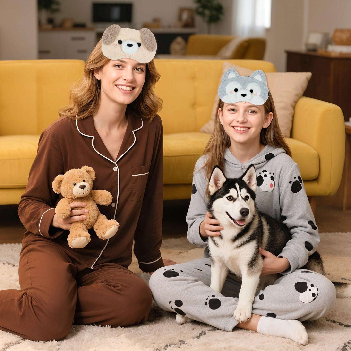 NEWEST 2 Pcs Cute Plush Dog Sleeping Masks, Soft Puppy Eye Cover for Sleeping with Adjustable Elastic Strap, Funny Cartoon Animal Eyeshade Blindfold for Blackout Travel Nap Night Sleep Party Girl Boy