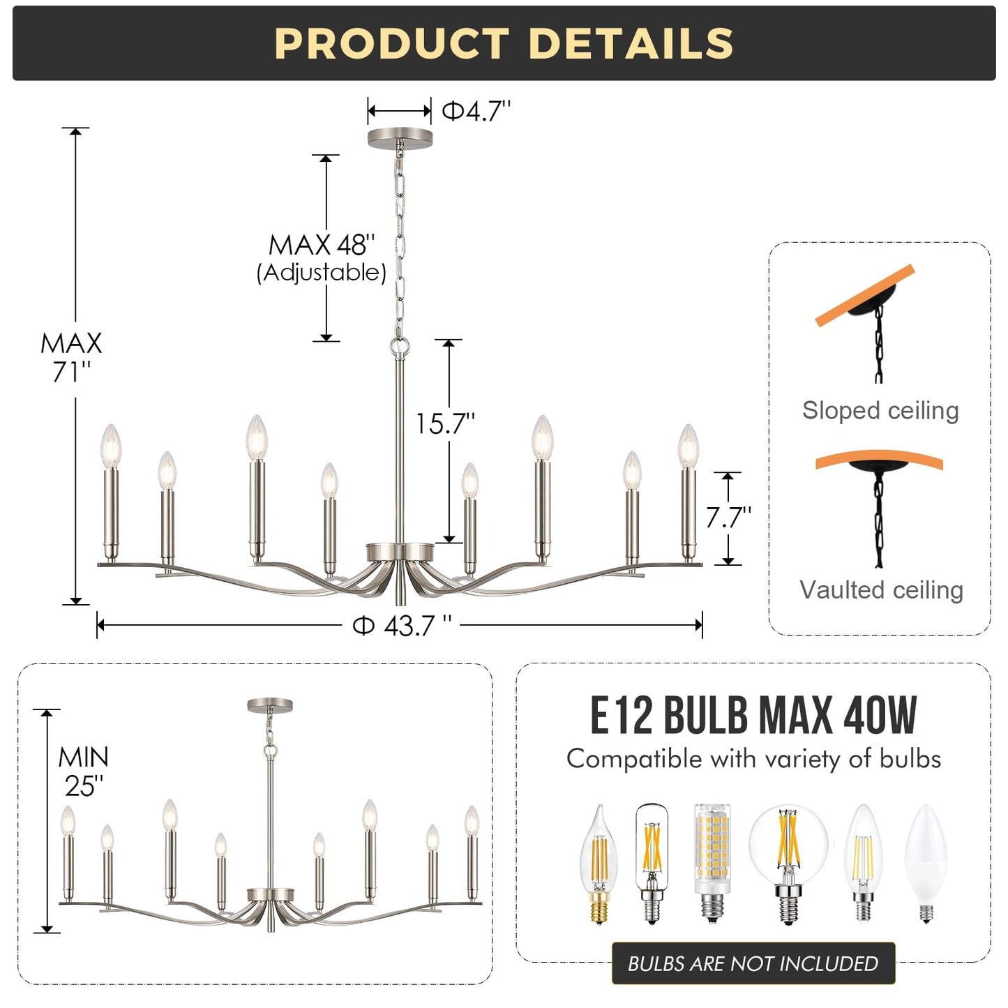 Fookchak Nickel Chandeliers For Dining Room  8-Light Chandelier Light Fixture Over Table Modern Candle Chandelier 44In Master Bedroom Chandeliers Lighting For Entry Foyer Bathtub Living Room