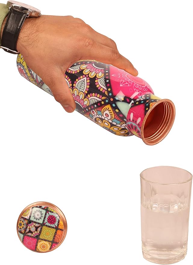 Pure Copper Water Bottle - Handcrafted - Ayurveda health benefits - Large 35 oz - Leak proof - Easy to carry for Sports, Fitness, Yoga, School - Artistic Petals Multicolor Enamel