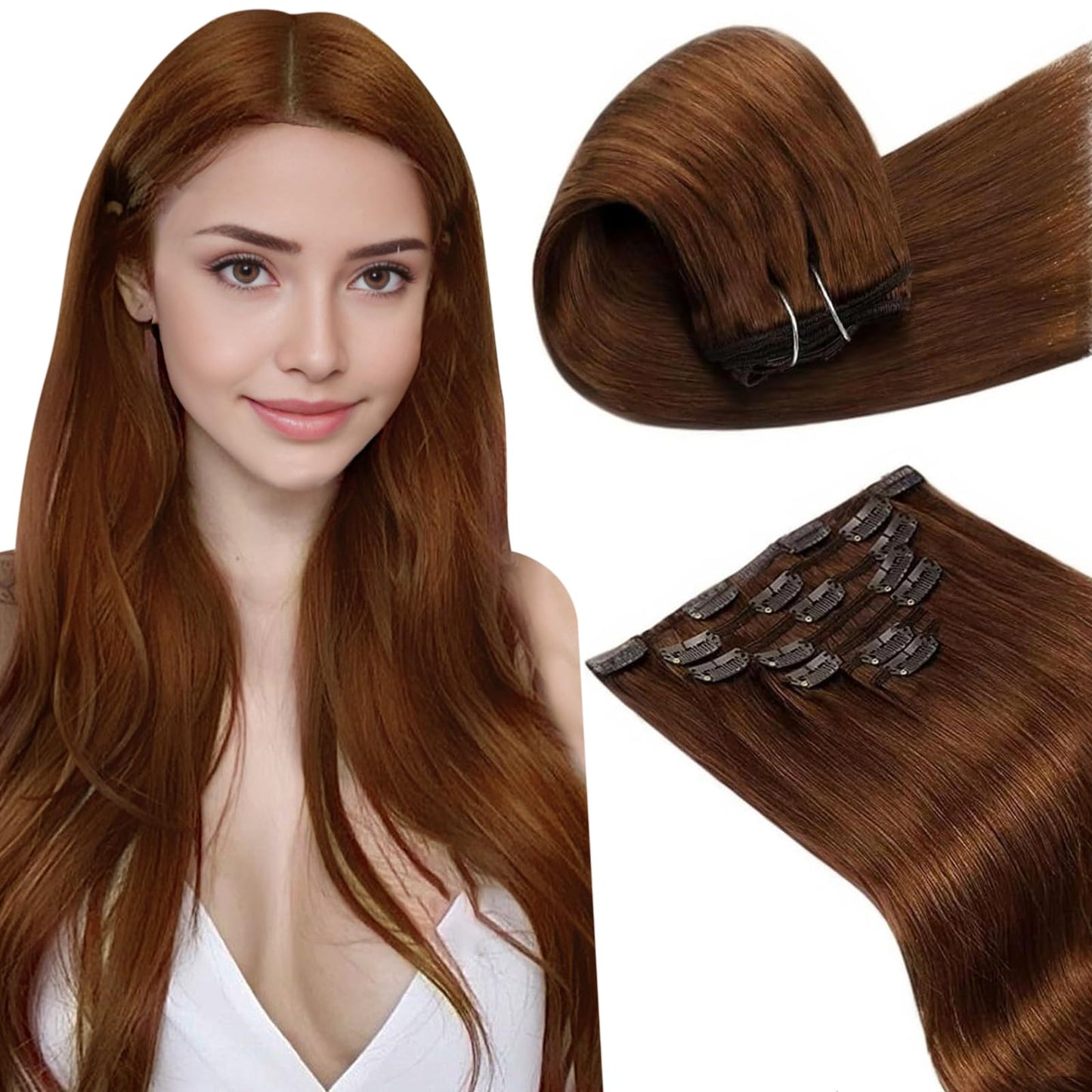 LaaVoo Real Human Hair Clip in Extensions 20 Inch Auburn Clip in Hair Extensions Real Human Hair Auburn Brown Human Hair Extensi