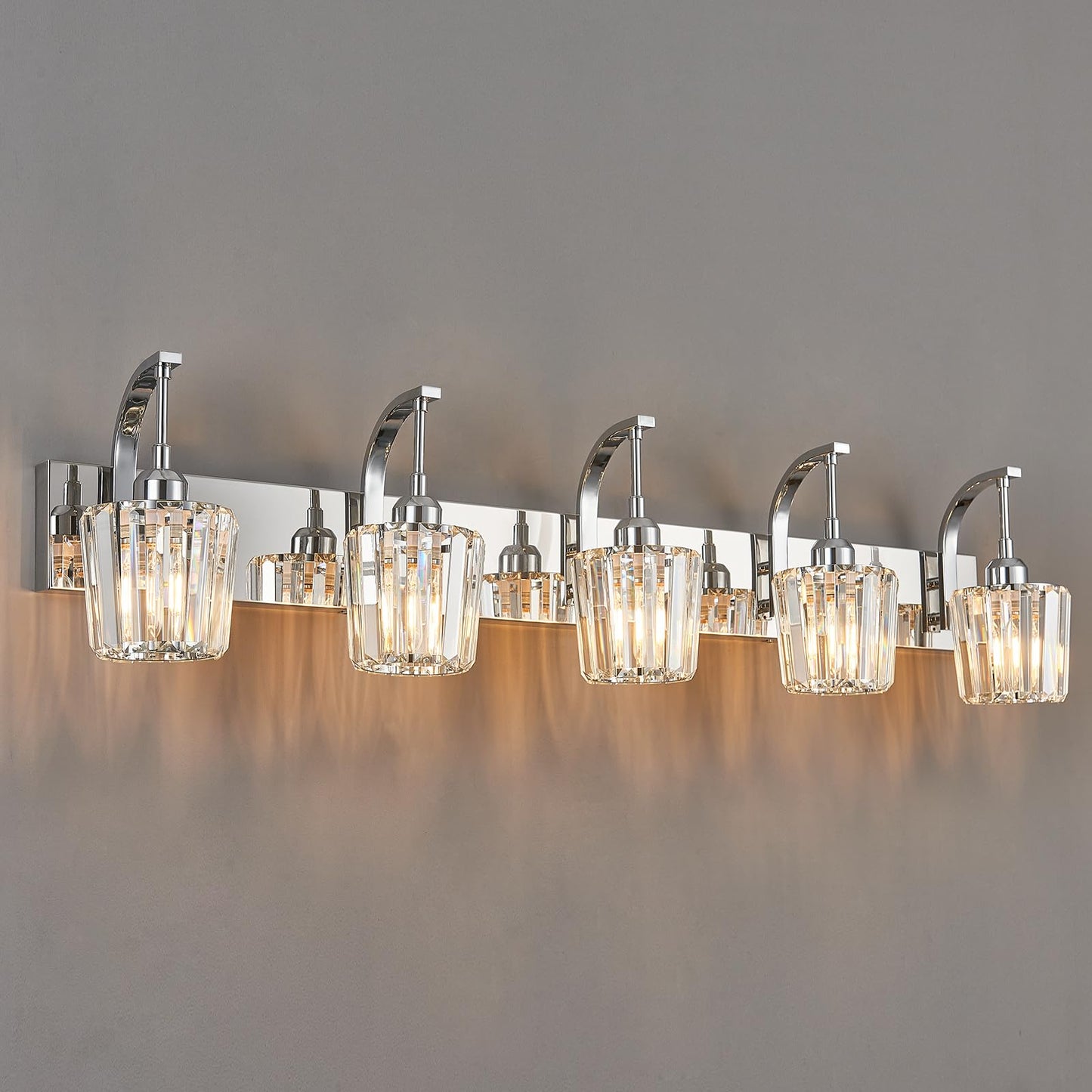 Fdpby Modern Bathroom Vanity Light  5-Light Chrome Wall Sconce With Crystal Accents  Over Mirror Bathroom Lighting Fixture  42.52 Long Dimmable Vanity Lamp For Makeup  Easy Installation