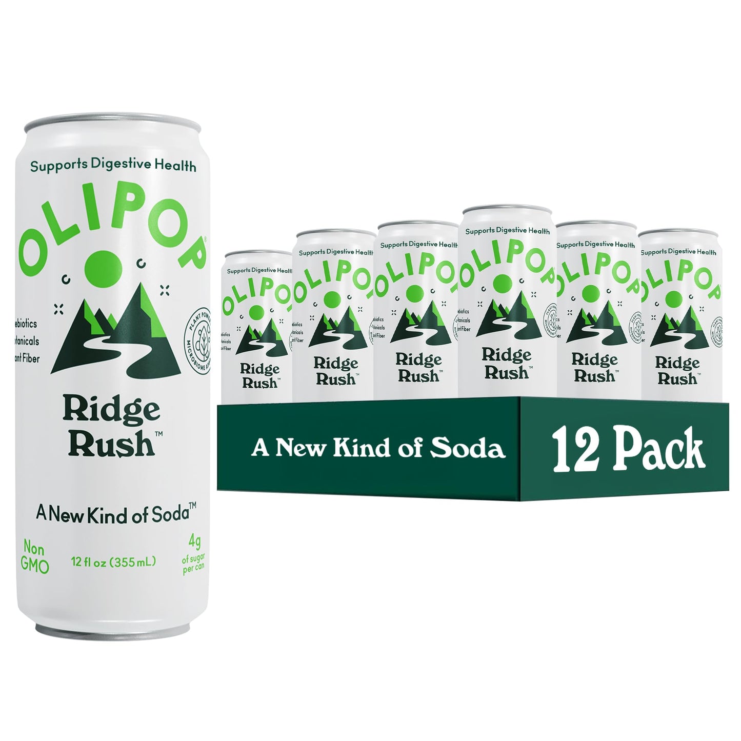 OLIPOP Sparkling Prebiotic Soda  Ridge Rush  Pantry Pack Packed with Prebiotics  Fiber  and Botanicals  Gluten Free  Vegan  GMO Free  12oz Skinny Can (12 Pack)