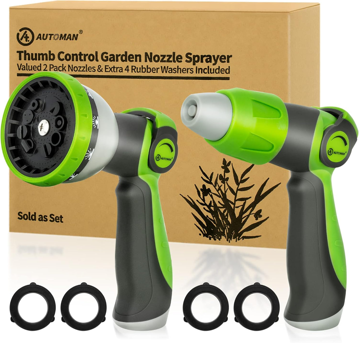 AUTOMAN Garden Hose Nozzle - 2 Pack, Thumb Control Sprayer, Slip-Resistant Water Nozzle, Extra 4 Washers, for Watering Plants Lawn & Garden, Cleaning, Washing Car, Showering Pets