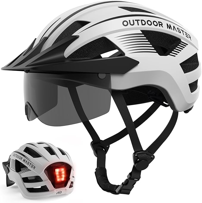 OutdoorMaster Adult Bike Helmet - Bicycle Helmet with Rechargeable Rear LED Light, Detachable Magnetic Goggles, Removable ...