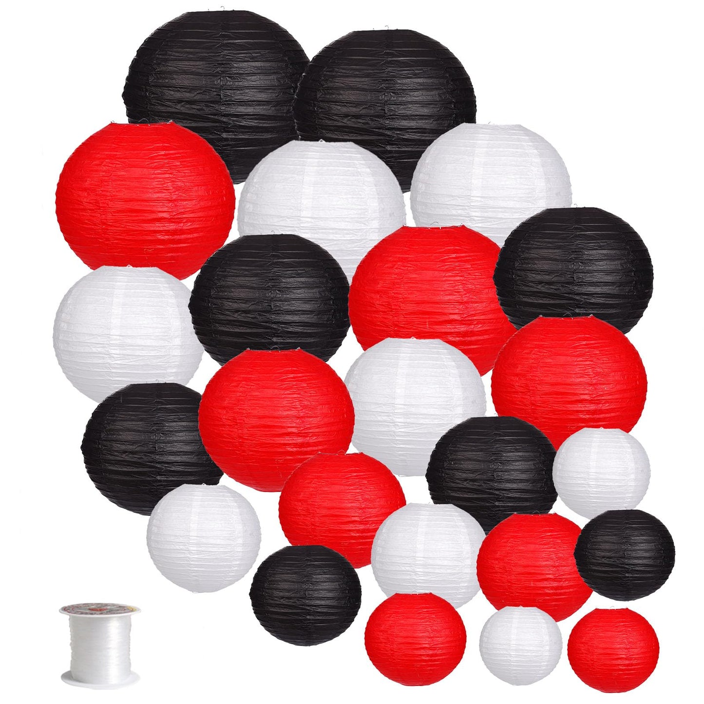 zilue 24pcs Hanging Round Paper Lanterns for Wedding Birthday Party Baby Showers Decoration Black/Red